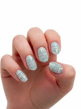 Nautical Blue Stripe Press-On Nails Set White Bow Accent Mani Kit